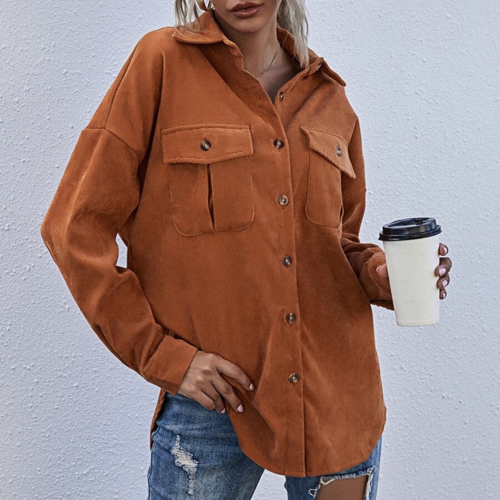 Boho Rust Button up Oversized Shacket Top - Picture 9 of 13